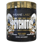 Insane Labz Psychotic Gold bottle front with blue punch flavor and energy potential.