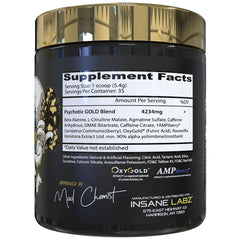 Insane Labz Psychotic Gold tub back reveals ingredients and dosage for informed use.