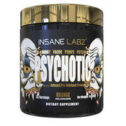 Insane Labz Psychotic Gold tub front, vivid orange powder for energized training sessions.