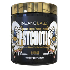 Insane Labz Psychotic Gold tub front, vivid orange powder for energized training sessions.