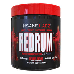 Insane Labz Redrum canister front view highlighting energy-boosting formula