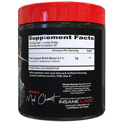 Insane Labz Surgeon BCAA ingredients close-up highlighting essential amino acids.