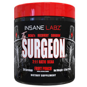 Insane Labz The Surgeon BCAA Recovery Powder bottle in Fruit Punch flavor for post-workout refreshment.
