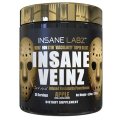 Insane Veinz Gold bottle in Apple flavor supports pre-workout vascularity.