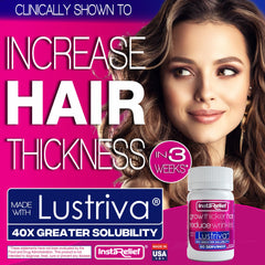 InstaRelief label close-up highlighting Lustriva for healthier hair.