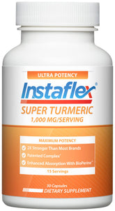 Instaflex Super Turmeric bottle label highlighting potent curcumin for daily joint support.