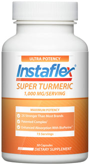 Instaflex Super Turmeric bottle label highlighting potent curcumin for daily joint support.