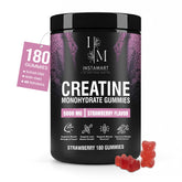 INSTAMART Creatine Gummies bottle front highlights sugar-free, strawberry flavor for on-the-go energy.