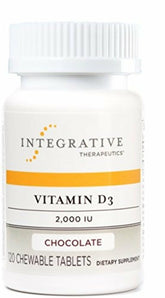 Integrative Therapeutics Vitamin D3 bottle with 120 chewable tablets for bone and immune support.