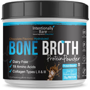 Intentionally Bare bone broth protein powder chocolate tub front view, dairy-free protein option