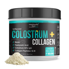 Intentionally Bare colostrum-collagen bottle pour supports daily wellness when added to beverages