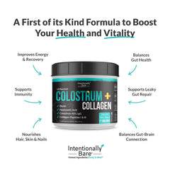 Intentionally Bare colostrum-collagen powder scoop dispense demonstrates easy measuring for recipes