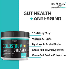 Intentionally Bare colostrum-collagen tub closeup highlights smooth unflavored powder texture
