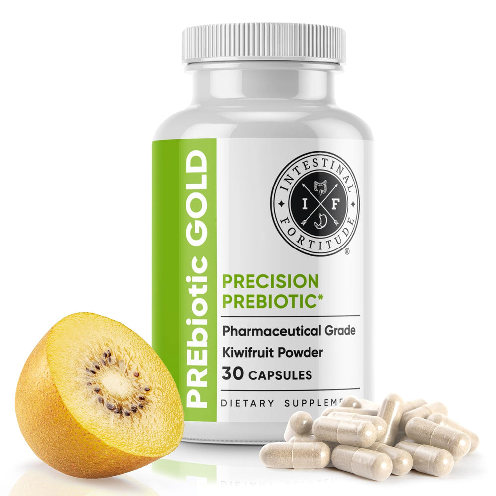 Intestinal Fortitude PREbiotic Gold bottle label highlights dairy-free gut support