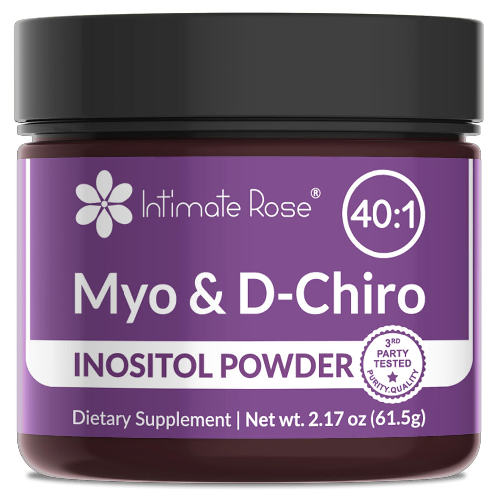 Intimate Rose Inositol powder bottle highlights vegan, gluten-free formula for hormonal balance.