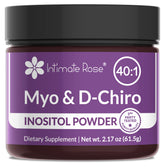 Intimate Rose Inositol powder bottle highlights vegan, gluten-free formula for hormonal balance.