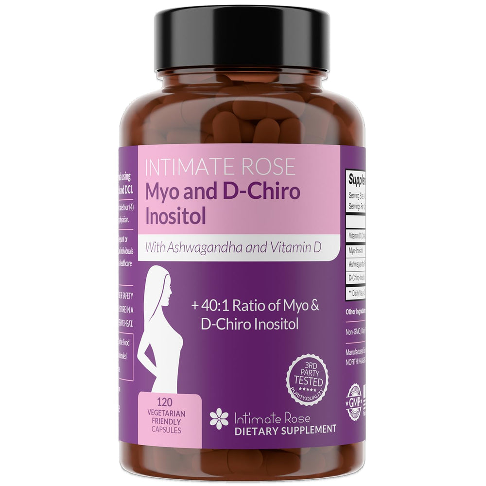 Intimate Rose Myo-Inositol and D-Chiro Inositol bottle close-up with 40:1 ratio for daily wellness.