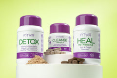 INTUS Detox Box label detail showing Triphala and Amalaki ingredients.
