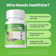 Invivotec Healthear capsules close-up highlighting botanical blend for auditory balance.