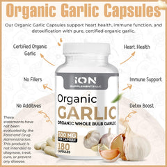 Ion Supplements Organic Garlic Whole Bulbs on display for nutrient-rich daily use.