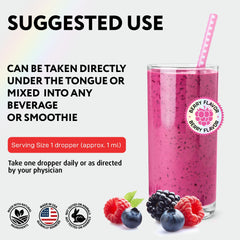 Berry-flavor B12 liquid in vegan base for daily vitality.