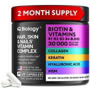 IQ BIOLOGY Biotin Collagen Keratin Neem supplement bottle supports hair and nails