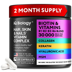 IQ BIOLOGY Biotin Collagen Keratin Neem supplement bottle supports hair and nails