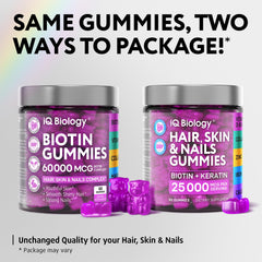 IQ Biology Biotin Gummies packaging on shelf communicates balanced nutrition for skin and nails.
