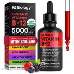 IQ Biology Organic B12 Drops bottle and dropper for sublingual use and energy support.