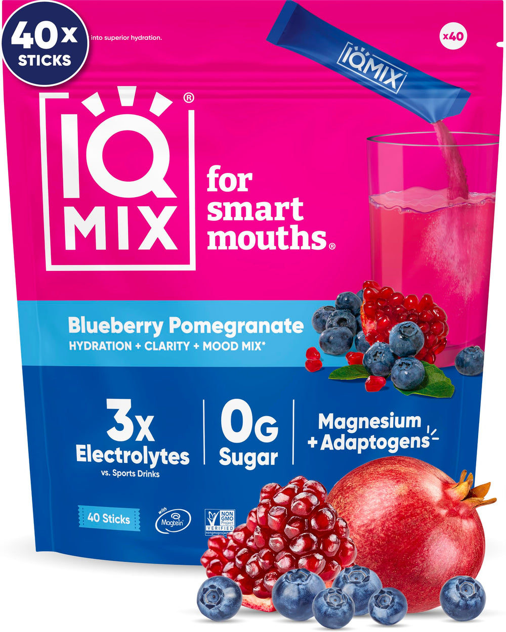 IQMIX hydration packet in blueberry pomegranate flavor for quick rehydration