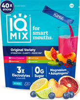 IQMIX hydration powder packaging highlights a sugar-free electrolyte blend for on-the-go hydration.