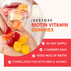 iRestore Biotin Gummies lemon bottle promoting skin vitality.