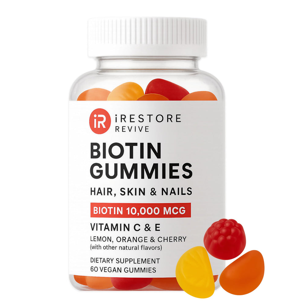 iRestore Biotin Gummies orange bottle promoting hair and nails support.