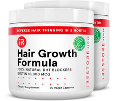 iRestore bottle front offers vegan hair growth support.