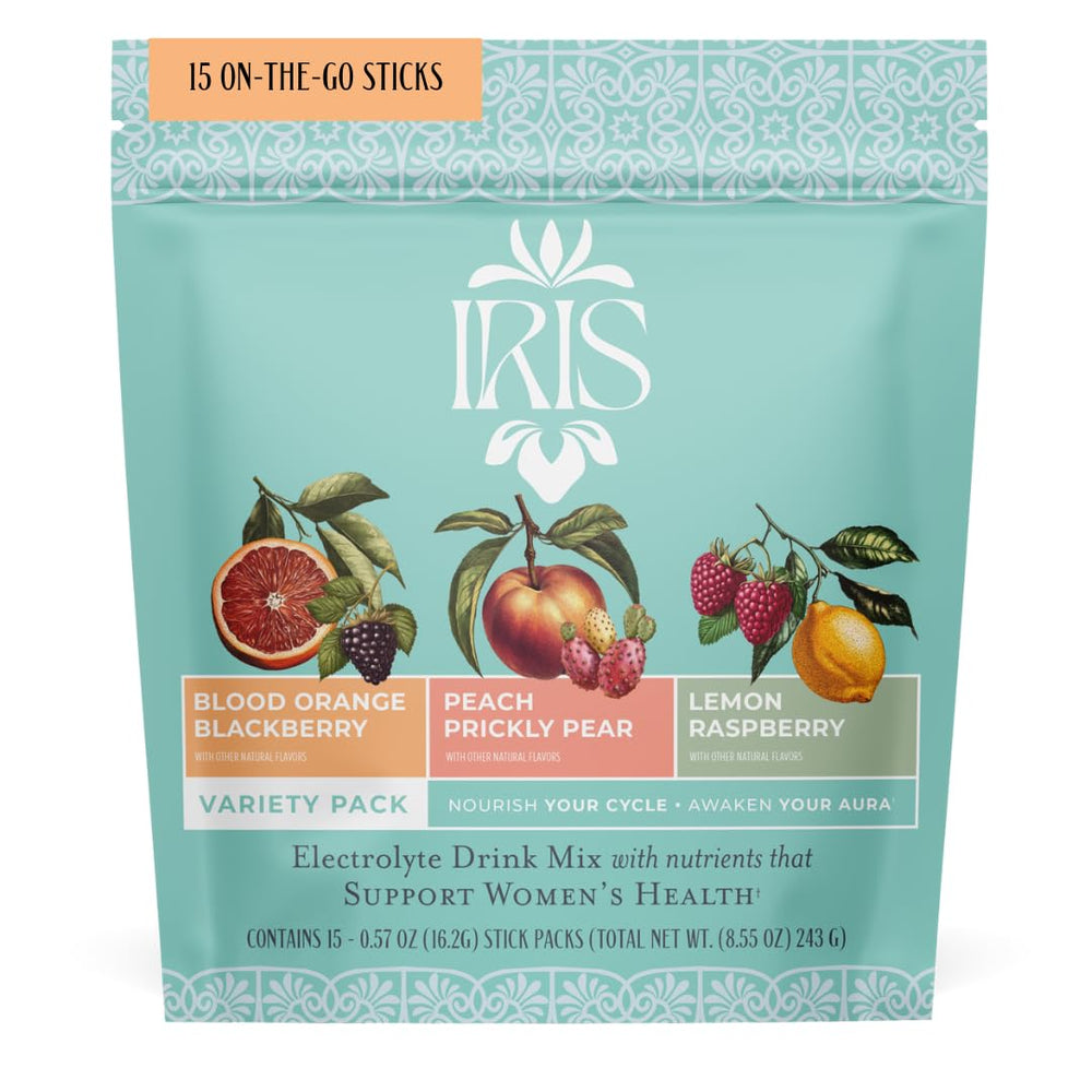 Iris Hormone Health Electrolyte Drink Mix packaging displays 15 packets for daily hydration.