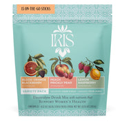 Iris Hormone Health Electrolyte Drink Mix packaging displays 15 packets for daily hydration.
