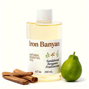 Iron Banyan sandalwood-bergamot-frankincense bottle for a soothing, long-lasting home fragrance.