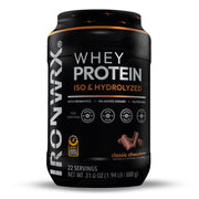 IRONWRX Classic Chocolate whey tub highlighting hydrolyzed protein for lean muscle support.