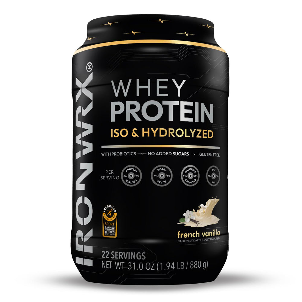 IRONWRX hydrolyzed whey isolate French Vanilla powder close-up showing premium protein source for exercise recovery.