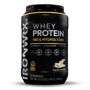 IRONWRX hydrolyzed whey isolate French Vanilla powder close-up showing premium protein source for exercise recovery.