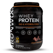 IRONWRX hydrolyzed whey powder in classic chocolate for fast post-workout recovery.