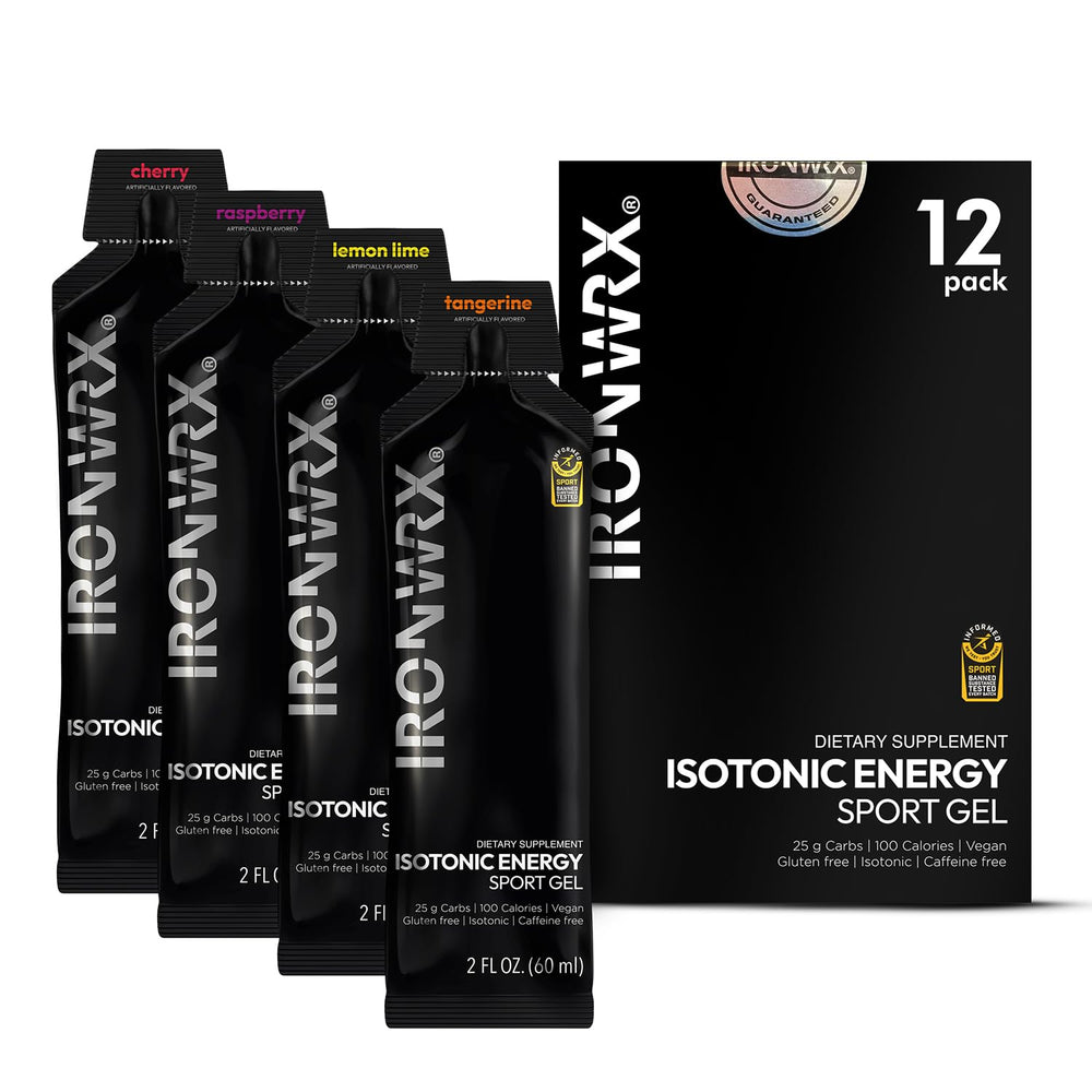 IRONWRX isotonic energy gel bottle with raspberry flavor for on-the-go fueling