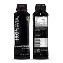 Close-up of IRONWRX Raspberry gel label highlighting electrolytes and carbs for endurance support