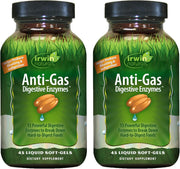 Irwin Naturals anti-gas digestive enzymes bottle promoting digestion and comfort.