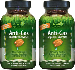 Irwin Naturals anti-gas digestive enzymes bottle promoting digestion and comfort.