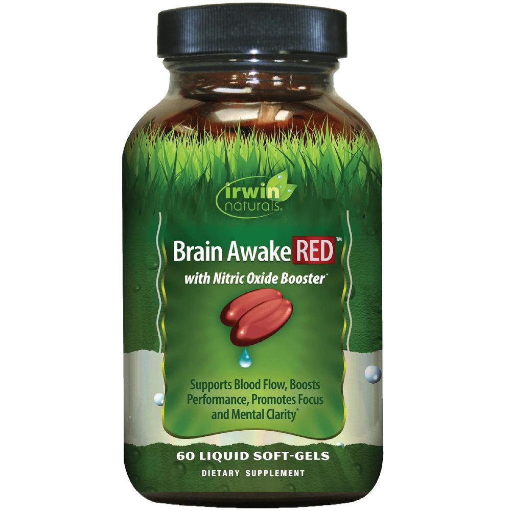 Irwin Naturals Brain Awake RED bottle close-up for focus support.