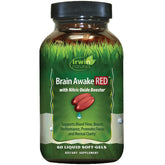 Irwin Naturals Brain Awake RED bottle close-up for focus support.
