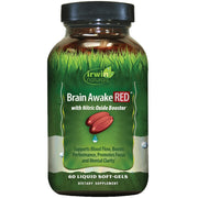 Irwin Naturals Brain Awake RED bottle close-up for focus support.