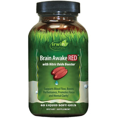 Irwin Naturals Brain Awake RED bottle close-up for focus support.