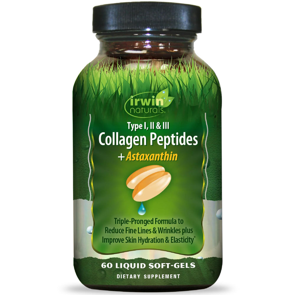 Irwin Naturals Collagen Peptides + Astaxanthin bottle highlighting Type I-III collagen for skin and joints.